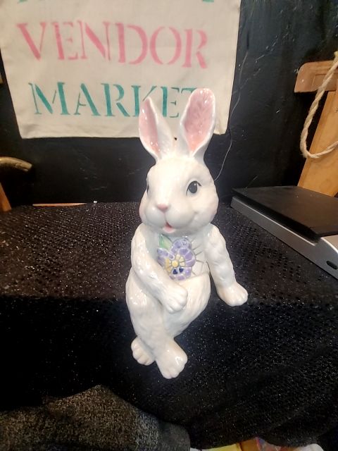 White  Porcelain Shelf Sitting Bunny, 4" × 4" × 8"