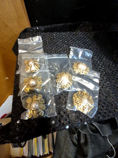 Vintage Style gold tone filigree button covers feat. Faux pearls