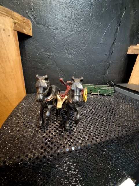 Cast Iron Black, Red, & Green McCormick Deering Horses & Plow, Wagon Set; missing wheels