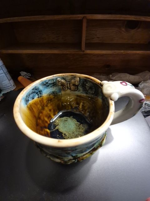 Floral w/Butterfly Inside Rim Signed Melony Sawyer Ceramic Mug