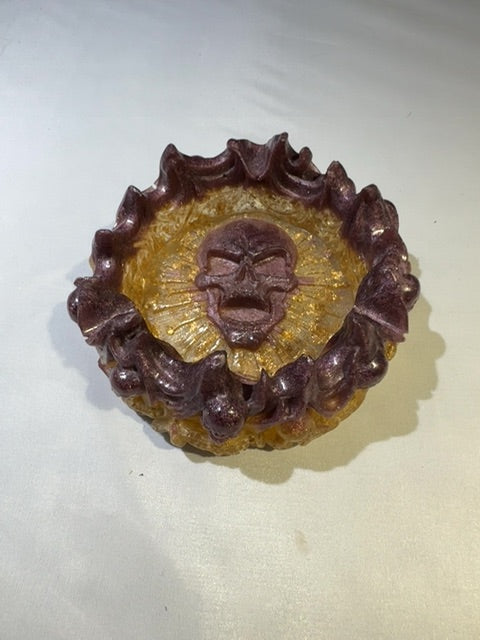 Purple Orange Luminous Creations Epoxy Resin Skull Ashtray, 5x5 inches