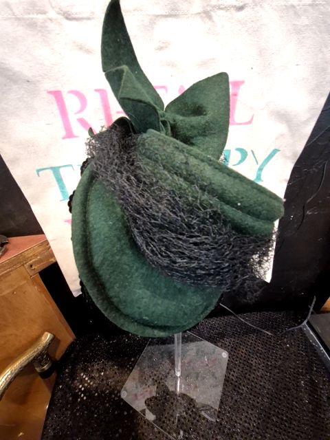 Green w/Black net & sequins  Vintage Green Visor type Felt Hat