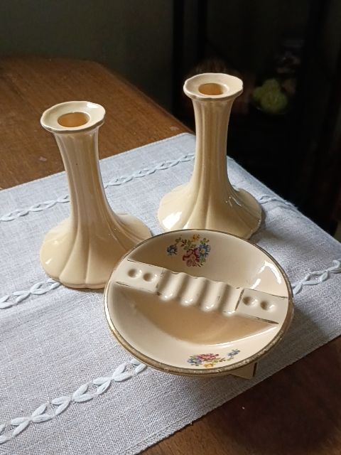 Vintage ceramic set of 3, 2 candle holders, 1 matching floral ashtray