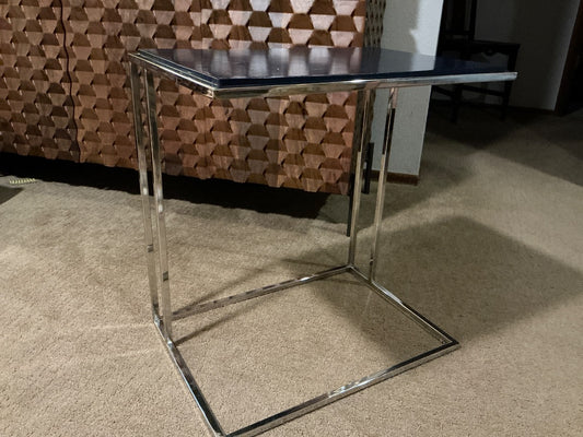 Navy and chrome Design Institute of America C shape table, W20 x L18”xH21”