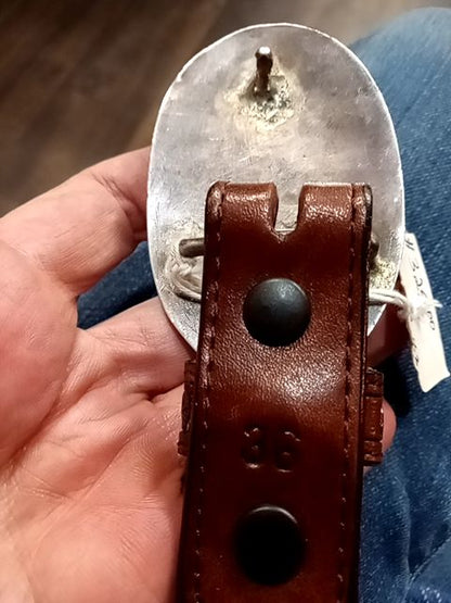 Beautiful Navajo sterling silver, coral & turquoise buckle on horse hair & leather belt leather