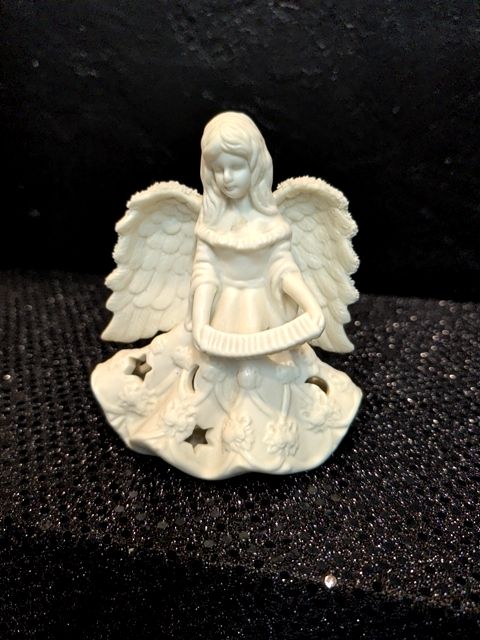 Angel Tea Light Holder Playing Accordion Ceramic White Table Top Sitter Luminary