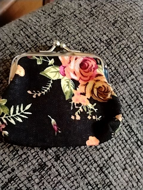 Black with floral design (red, orange, tan, green  Floral Coin purse, Small