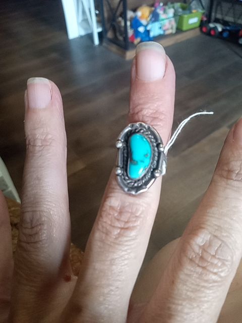 Signed Chris Charley turquoise and sterling ring, 4.5