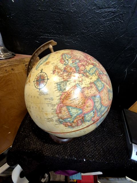 Tan Replogle Globe on Wooden and Metal Stand, 9" Diameter × 12.5" H