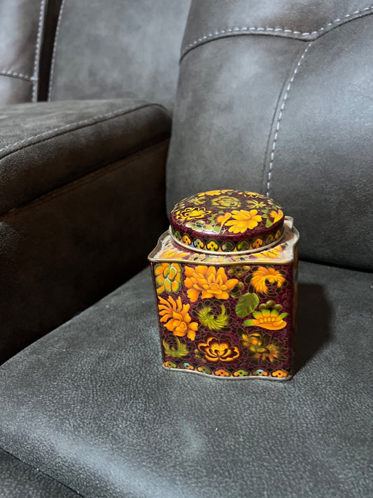 Vintage Metal Tin Designed By Daher Brown Orange Floral 70’s Decor England