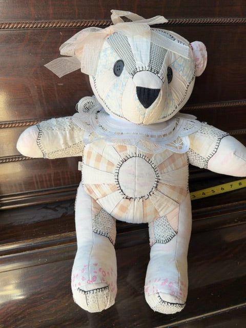 Pastel & White Handmade Quilted Bear Dresden Plate, 13” sitting