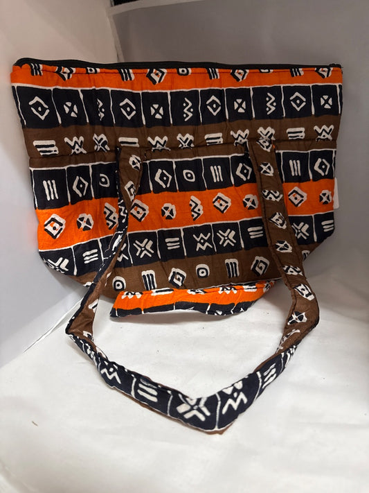 Orange and brown African made Handbag, Medium