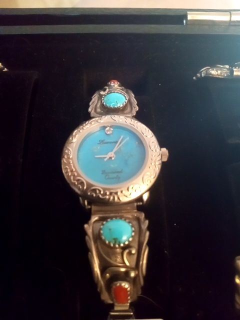 Sterling silver, turquoise, coral Native American Watch band, Ladies