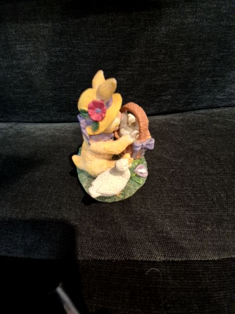 Brown & White  Bunny w/Ducks in Basket Figurine, 3.5" × 3" × 3.5"