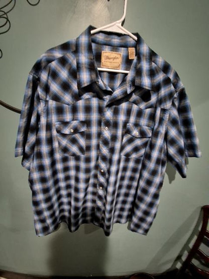 Blue Plaid Wrangler Short Sleeve Western Shirt, 3XL