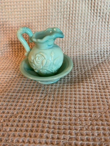 Green Avon Jadite Marbled Milk Glass Pitcher &Wash Basin, 4.75”