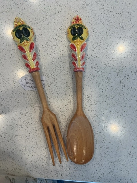 Vietri Ceramics Olive Wood Salad Tongs Made And painted by Hand in Italy