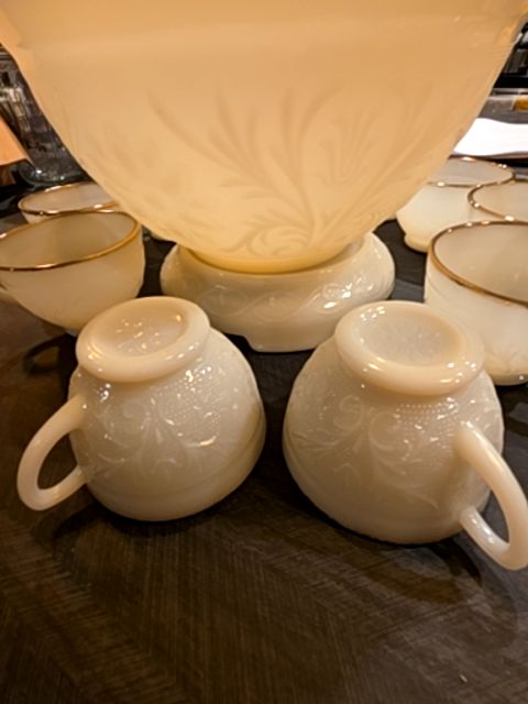 Milk glass punch bowl w/ 11 cups
