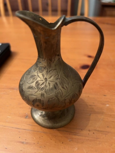 Vintage Etched Brass Pitcher, 3 3/4” T