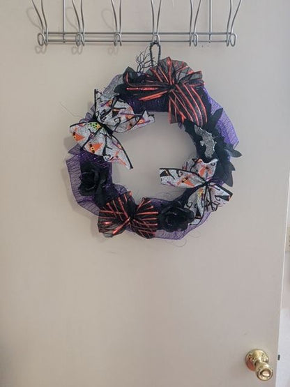 Black, Orange, & Purple  Halloween Wreath w/Bats, Bows, & Roses, 15"