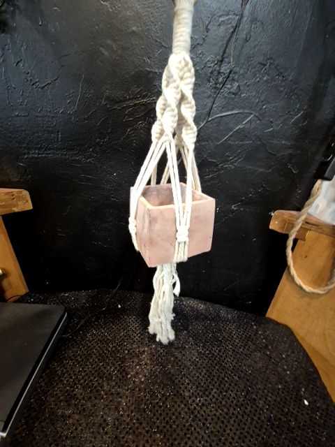 Ivory & Brown  Macrame and Clay Hanging Pot, 3" × 18"