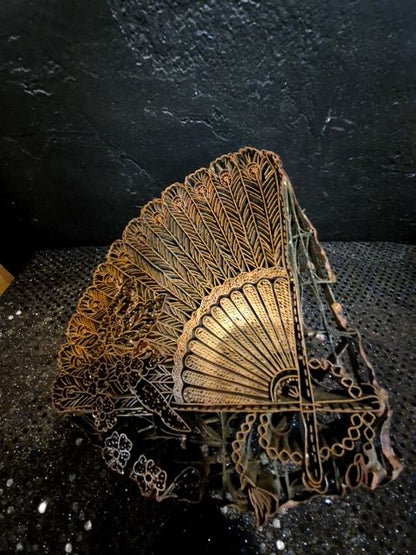 Copper Vintage Indonesian Batik Stamp of Fan w/ flowers on the Left, 8" × 7.5"