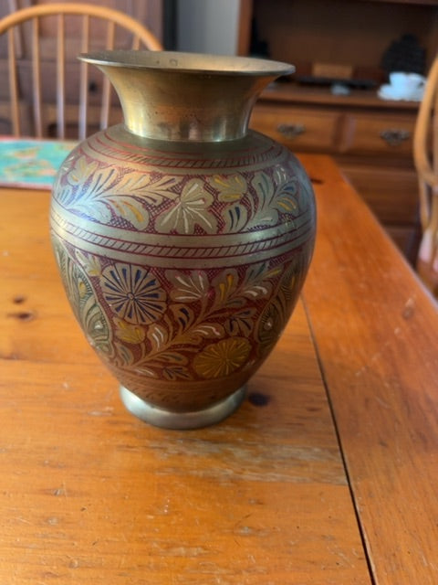 Vintage Brass vase with etched floral pattern
