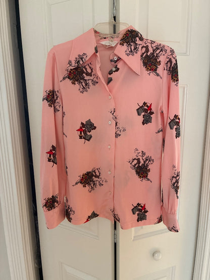 70s pink book and lamp disco shirt, S