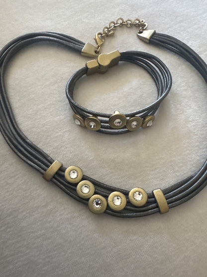 Bracelet & Necklace Set Gold-Tone Circular on Rope