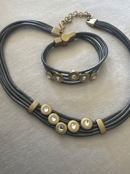 Bracelet & Necklace Set Gold-Tone Circular on Rope