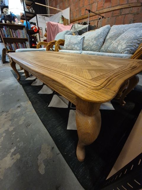 Vintage Parquet Coffee Table with Herringbone Patter and Cabriole Legs