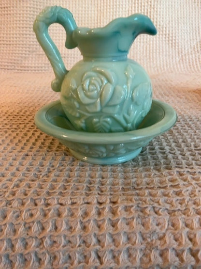 Green Avon Jadite Marbled Milk Glass Pitcher &Wash Basin, 4.75”