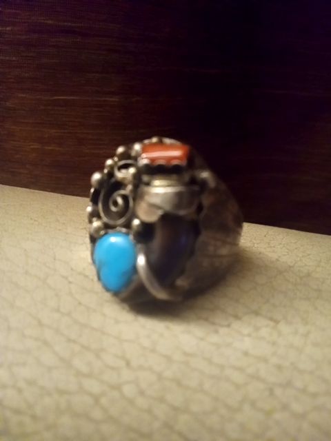 Beautiful sterling silver coral& turquoise vintage signed Navajo ring, 12+