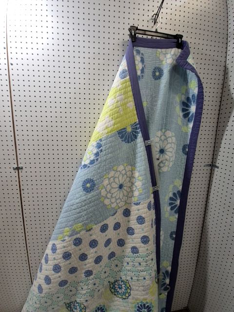 Blue w/white & green Handmade Quilt, 92" × 88"