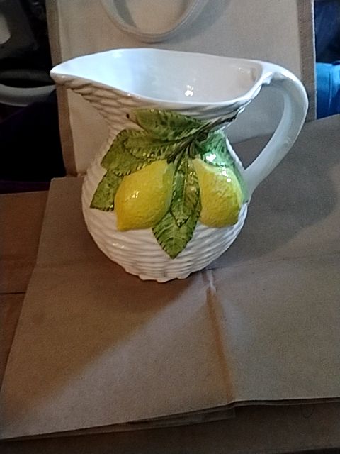 White weave pattern with lemons Majolica Majolica Vintage Vase, Medium Vase