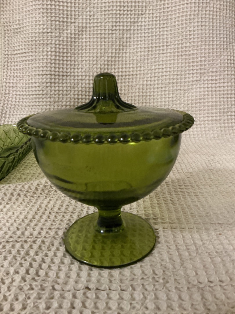 green Indiana Glass Co Green Lidded  Footed Candy Dish, 6.5”