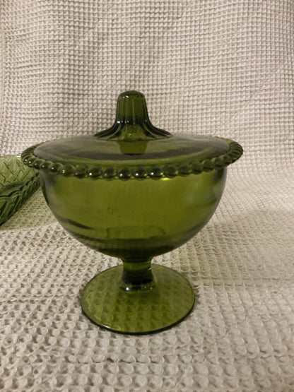 green Indiana Glass Co Green Lidded  Footed Candy Dish, 6.5”