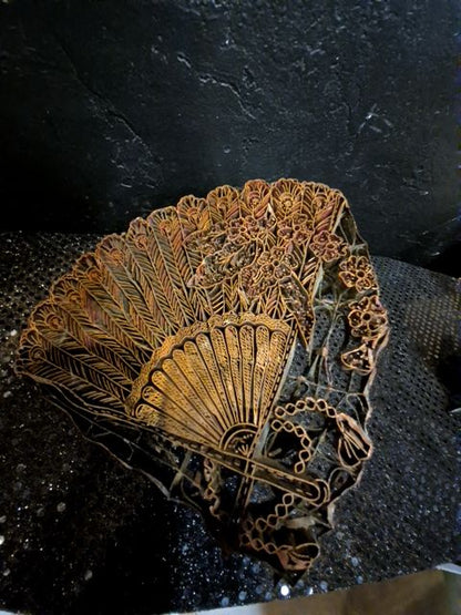 Copper Vintage Indonesian Batik Stamp of Fan w/flowers on the Right, 8.5" × 7.5"