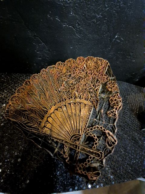Copper Vintage Indonesian Batik Stamp of Fan w/flowers on the Right, 8.5" × 7.5"
