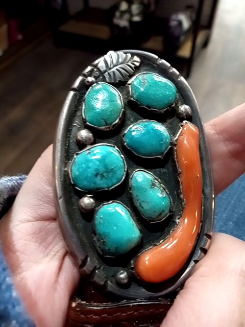 Beautiful Navajo sterling silver, coral & turquoise buckle on horse hair & leather belt leather