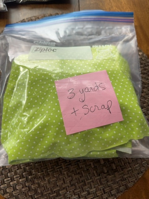 Green white polka dot material, 3 yards + scrap