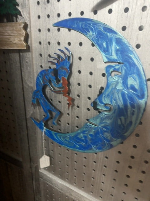Blue and Gold with moon Luminous Creations Kokopeli, 10 inches by 10 inches