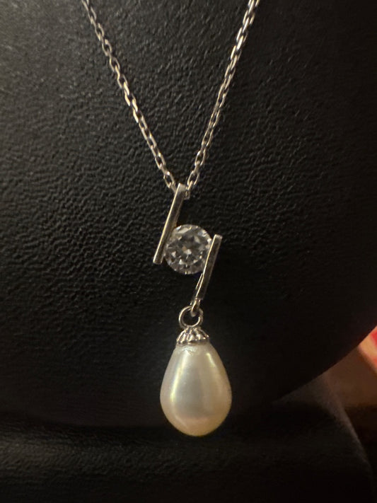 Pearl, CZ, and sterling necklace