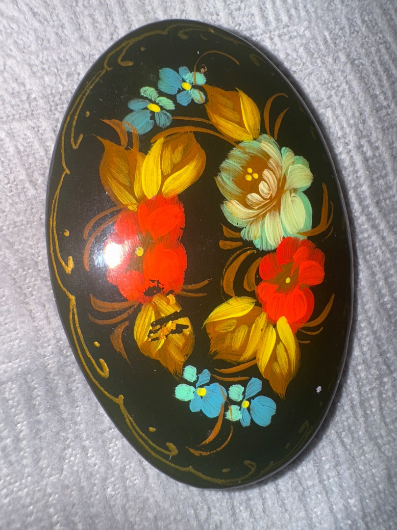 Handpainted Russian Floral Wooden Broach