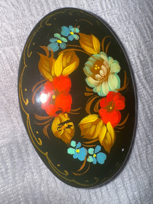 Handpainted Russian Floral Wooden Broach