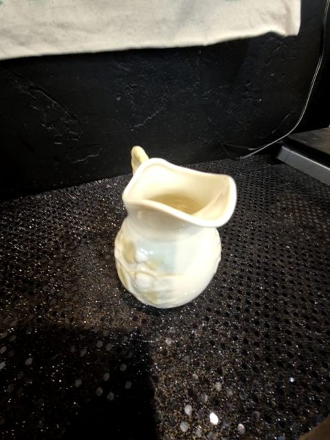 Ivory Belleek Ireland Porcelain Mini Creamer w/Ivy Yellow Luster Twist Rope Handle, 3" × 3.75"