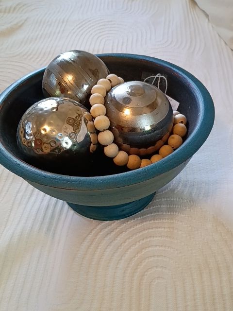 Blue Wood bowl 3 silver orbs wood bead rope