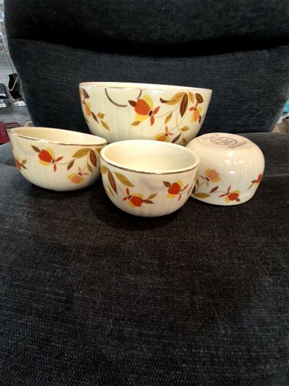Autumn Leaf w/Gold Trim  Hall's Jewel Tea Mixing Bowl w/3 matching sm bowls, 4 pc. Set,, 7.5" Diameter, 3.5" Diameter