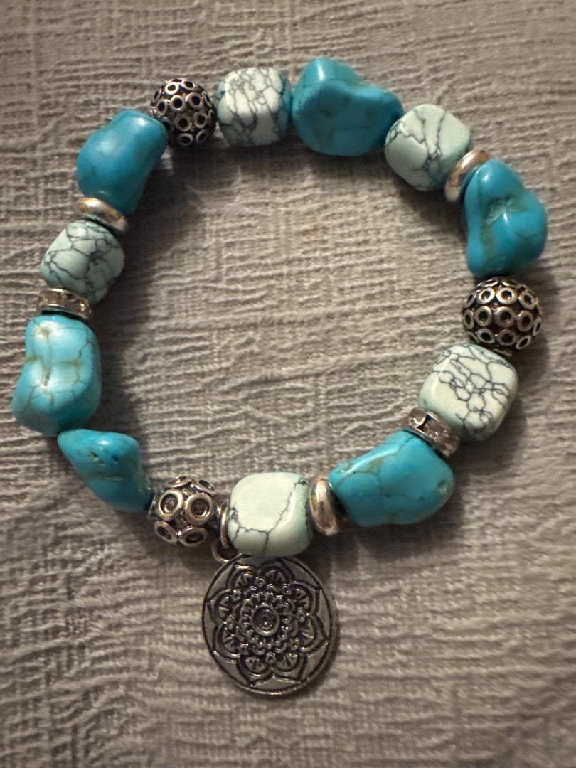 Blue and silver Chicos Costume bracelet, turquoise and silver tone beads.