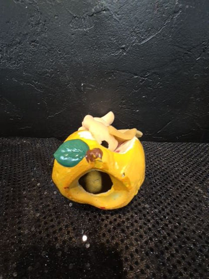 Tan & Yellow Vintage Flocked Bobble-head Mouse in Lemon Coin Bank, needs plug, 6"